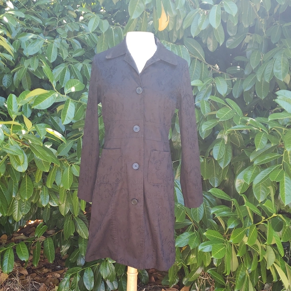 100% CottonBlack Brocade Button-Up Coat Dress Large Shirt Dress